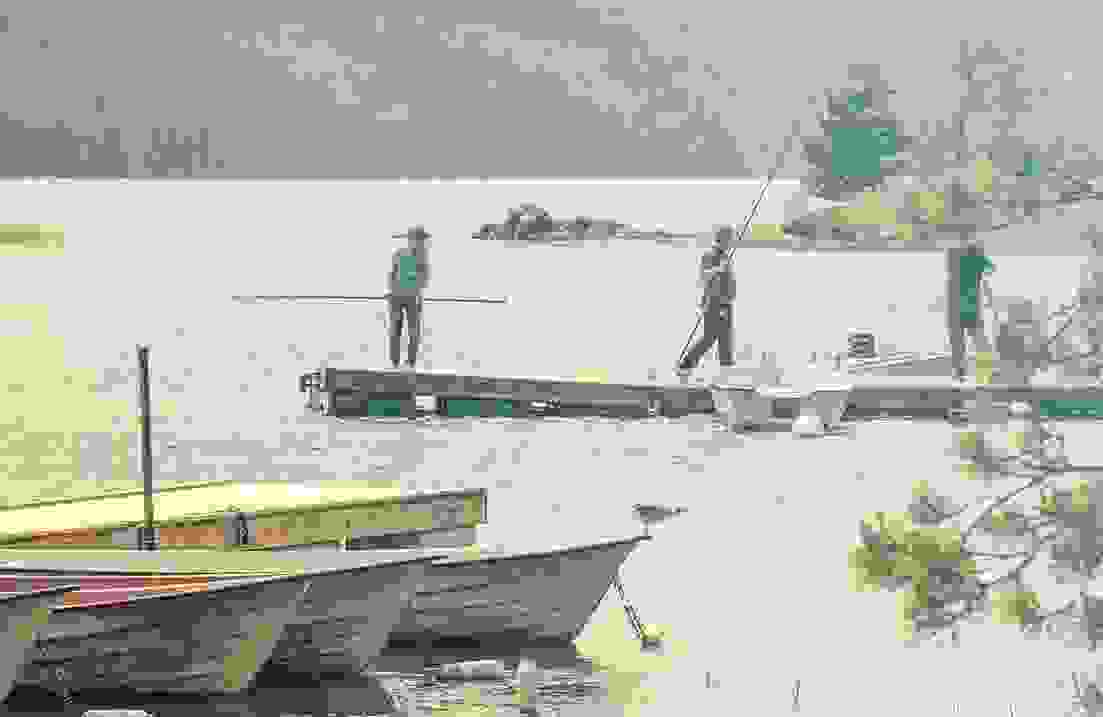 Personer med fiskespön på brygga i Tisaren